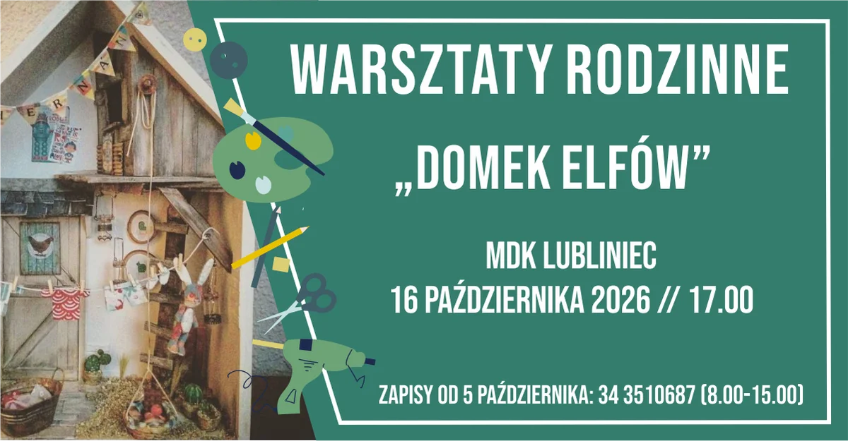 Grafika promocyjna wydarzenia Domek Elfów – warsztaty rodzinne