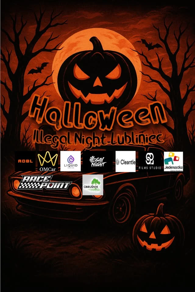 Grafika promocyjna wydarzenia Halloween z Illegal Night Lubliniec — motoryzacyjny zlot pełen przebojów i konkursów