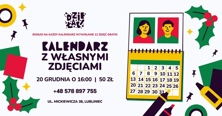 Grafika promocyjna wydarzenia Kalendarz 2026 z Waszych Fotografii — rodzinne warsztaty scrapbookingu w Dziełaki