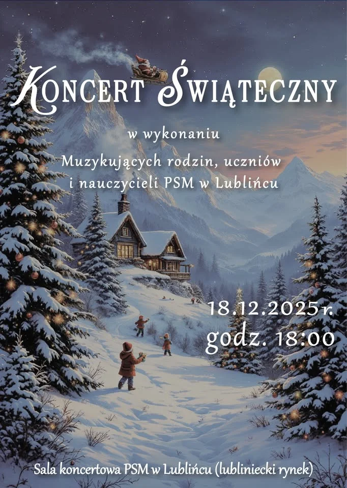 Grafika promocyjna wydarzenia Koncert Świąteczny w lublinieckiej muzycznej — świąteczny wieczór szkolnych zespołów i rodzin