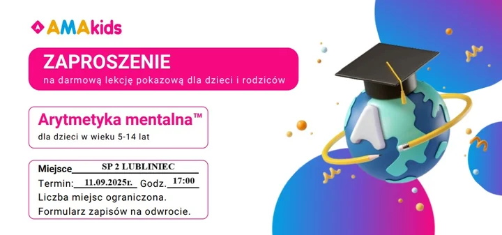 Obrazek przedstawia grafikę promocyjną wydarzenia Bezpłatne lekcje pokazowe arytmetyki mentalnej dla dzieci w Lublińcu