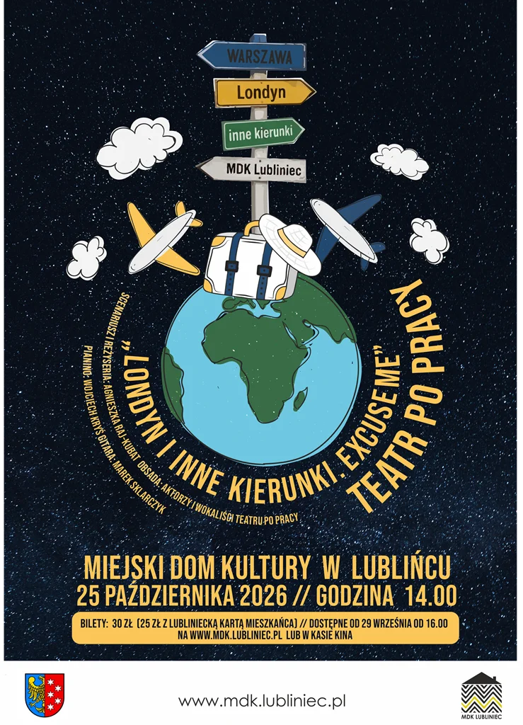 Grafika promocyjna wydarzenia „Londyn i inne kierunki. Excuse me” – premiera spektaklu Teatru Po Pracy