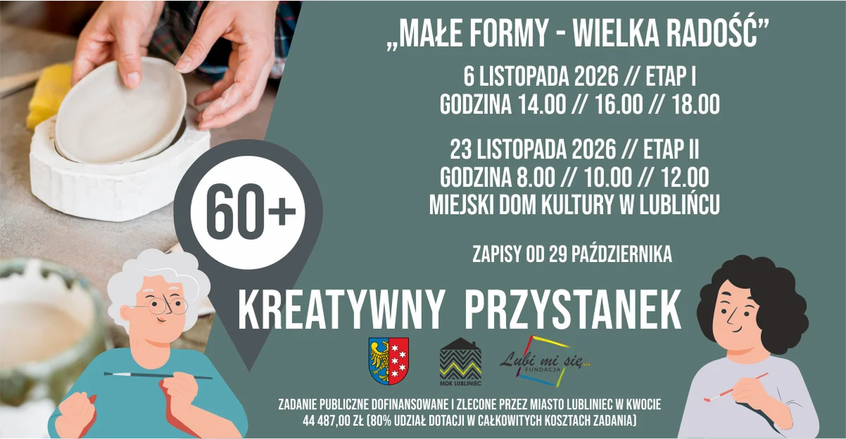 Grafika promocyjna wydarzenia Małe formy – wielka radość – warsztaty z cyklu Kreatywny Przystanek 60+