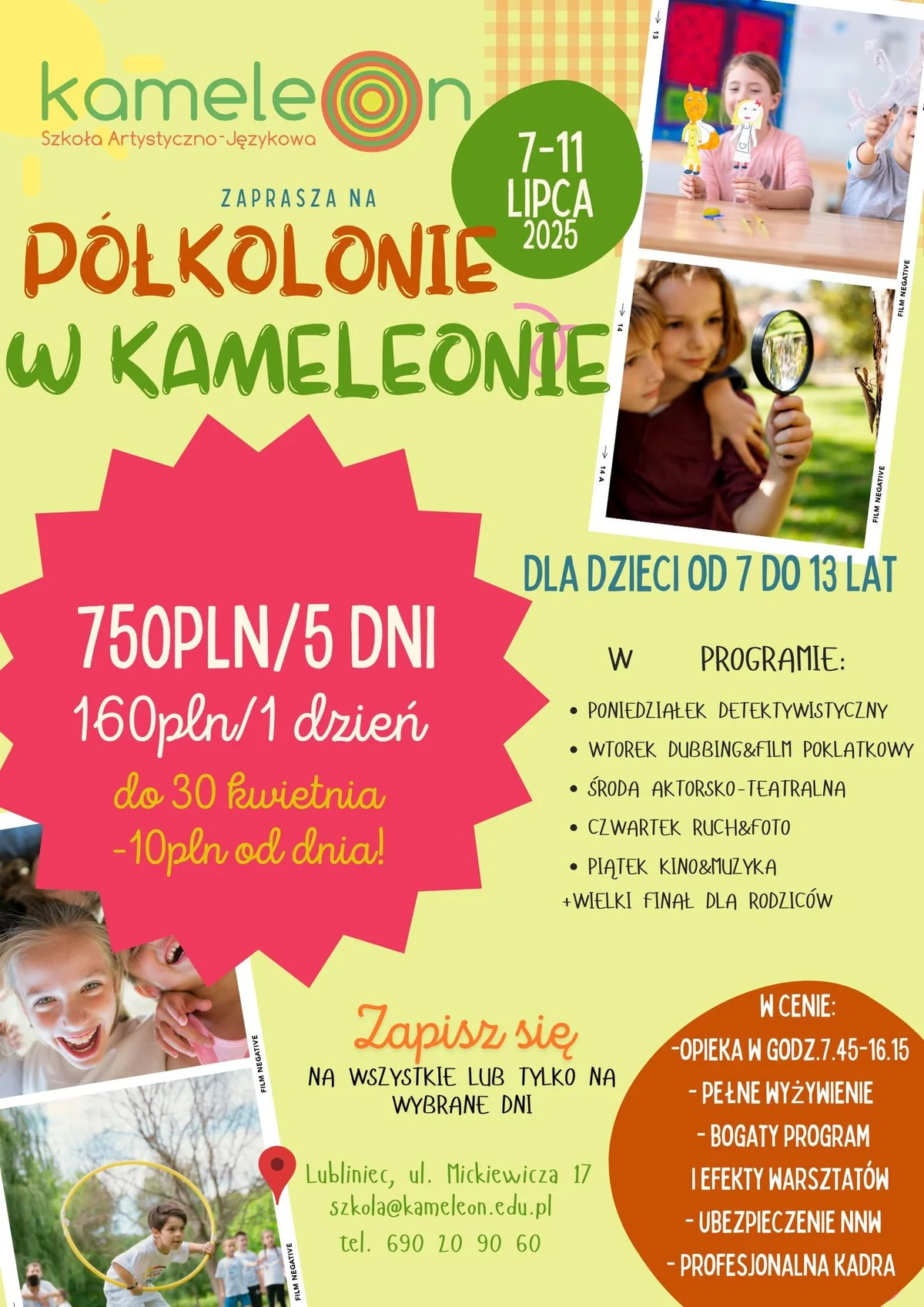 Grafika promocyjna wydarzenia Półkolonie letnie z warsztatami artystycznymi i przygodowymi w Lublińcu
