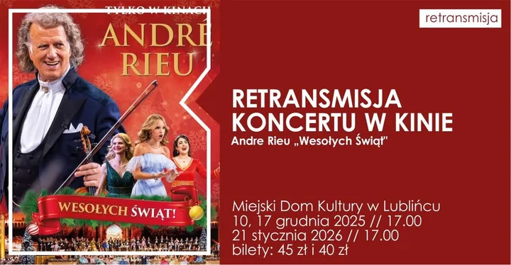 Grafika promocyjna wydarzenia Retransmisja koncertu André Rieu „Wesołych Świąt” w Miejskim Domu Kultury Lubliniec