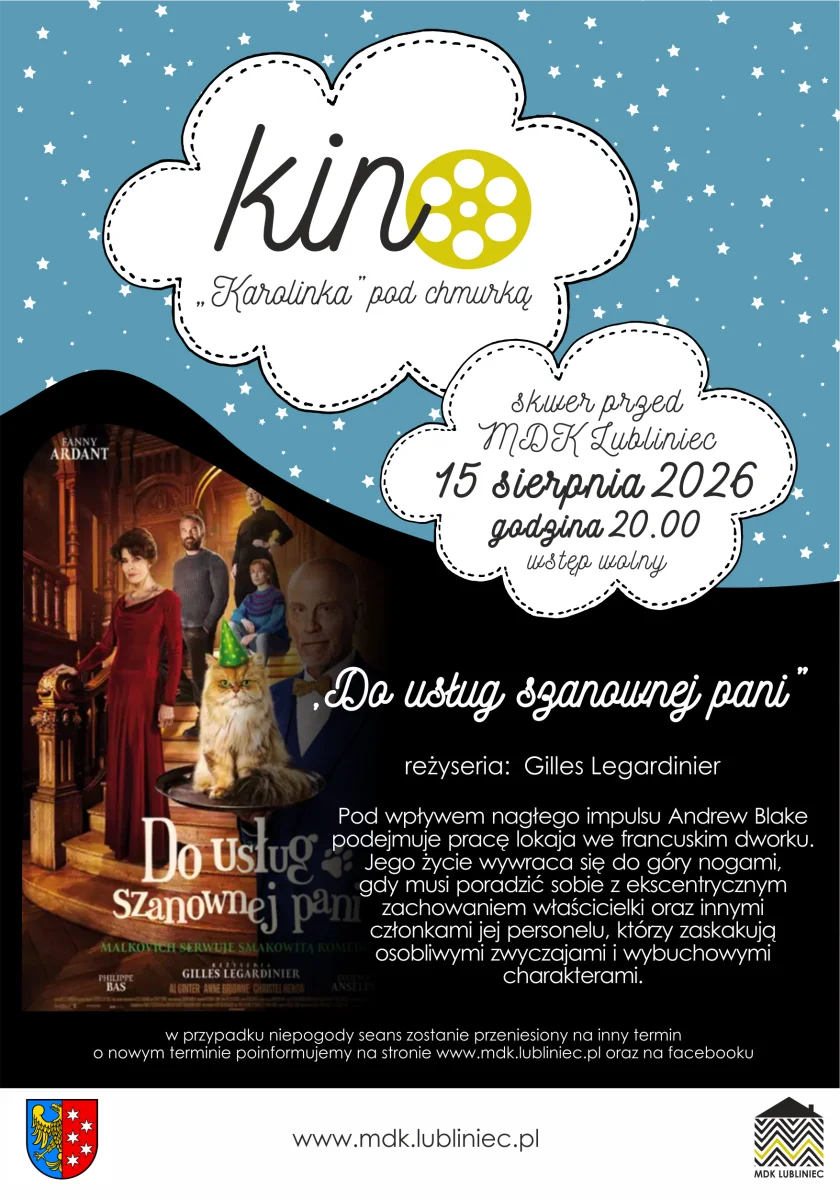 Grafika promocyjna wydarzenia Sierpniowe Kino „Karolinka” pod chmurką