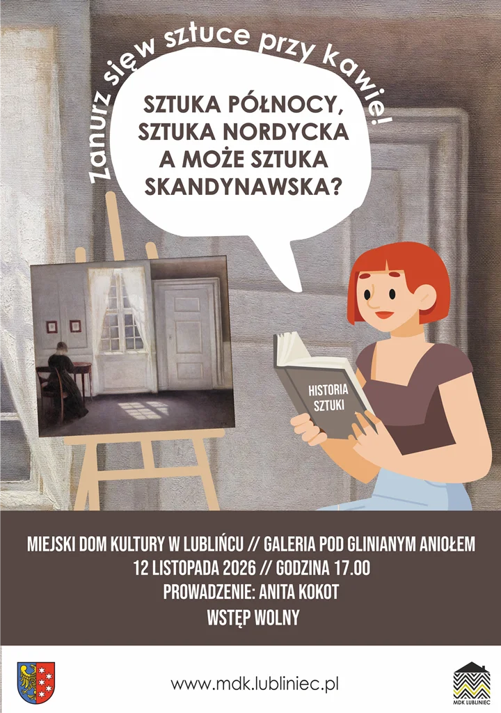 Grafika promocyjna wydarzenia Sztuka nordycka przy kawie w Lublińcu