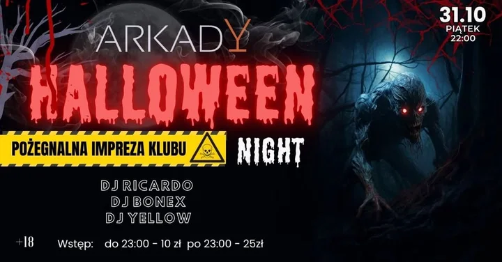Grafika promocyjna wydarzenia TA OSTATNIA IMPREZA — Halloween Night w Klubie Arkady (31 października)