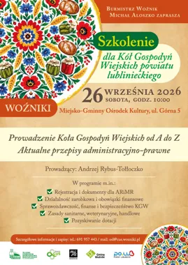 Grafika promocyjna wydarzenia Bezpłatne szkolenie dla Kół Gospodyń Wiejskich z powiatu lublinieckiego