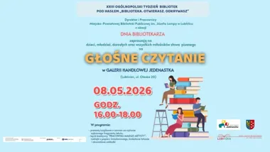 Grafika promocyjna wydarzenia Głośne Czytanie w Galerii Jedenastka w Lublińcu – biblioteczne święto z książką, sztuką i dobrą atmosferą