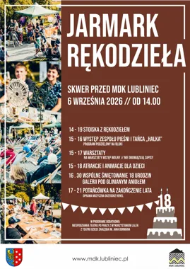 Grafika promocyjna wydarzenia Jarmark Rękodzieła i 18. urodziny Galerii pod Glinianym Aniołem