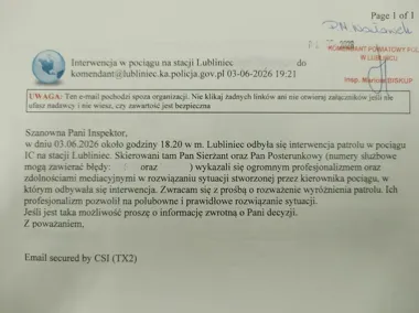Agresywny pasażer w pociągu - po interwencji policjantów z Lublińca przyszły podziękowania