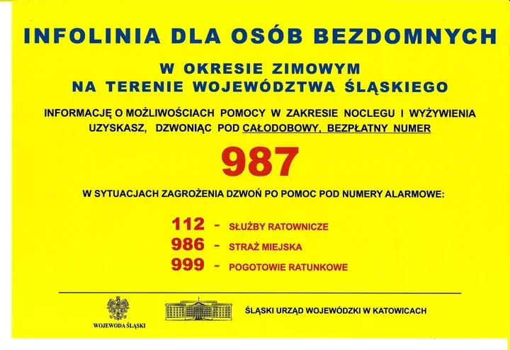 Numer 987 będzie działał całą dobę. Zimowa pomoc dla osób bezdomnych na Śląsku
