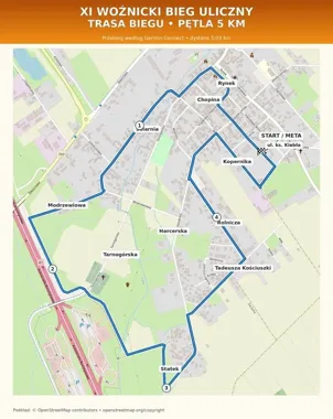 Grafika promocyjna wydarzenia XI Woźnicki Bieg Uliczny